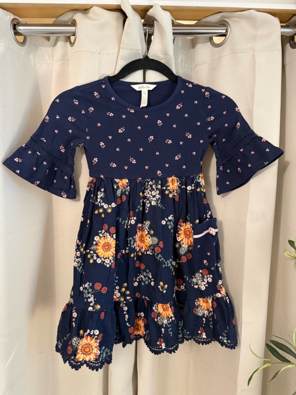 Matilda Jane Navy Floral Ruffle-Sleeve Dress with Pocket